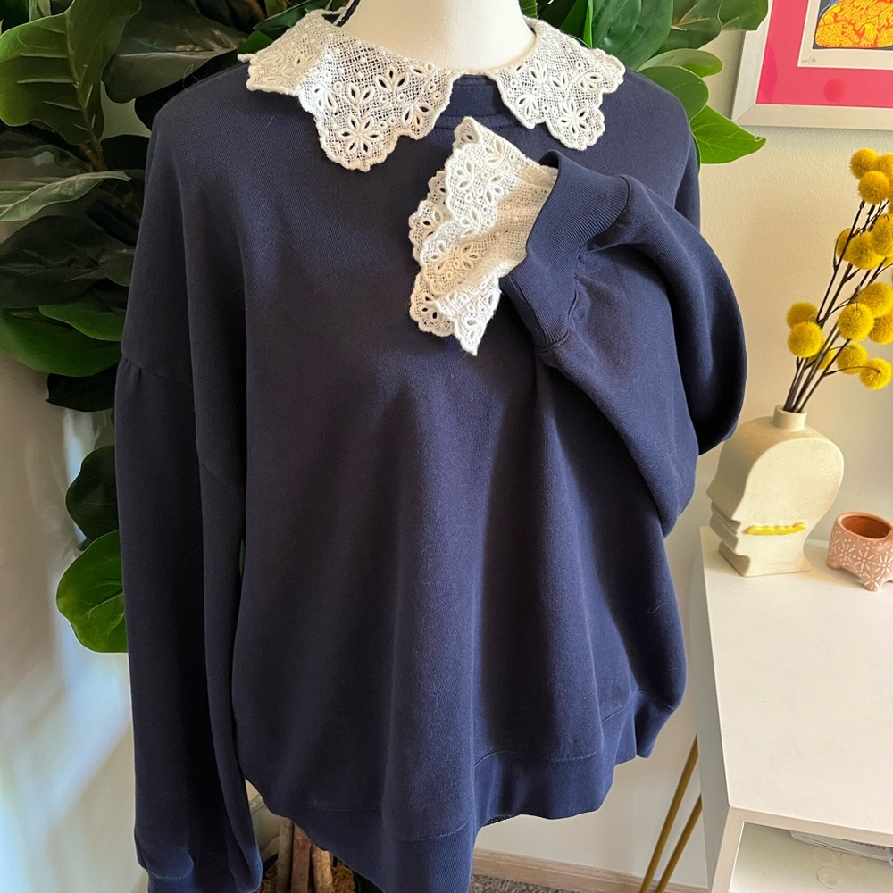 J. Crew Navy Sweater with White Lace Collar